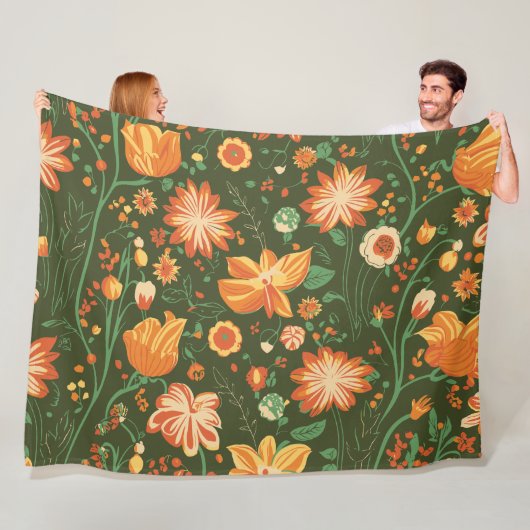 Levendig bloemenpatroon met Sinaasappel & gele blo Fleece Deken (In situ)