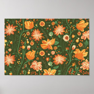 Levendig bloemenpatroon met Sinaasappel & gele blo Poster