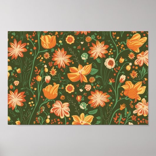 Levendig bloemenpatroon met Sinaasappel & gele blo Poster (Voorkant)