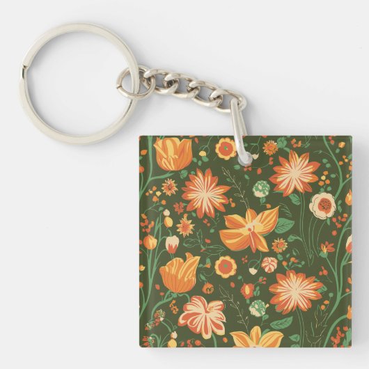 Levendig bloemenpatroon met Sinaasappel & gele blo Sleutelhanger (Voorkant)