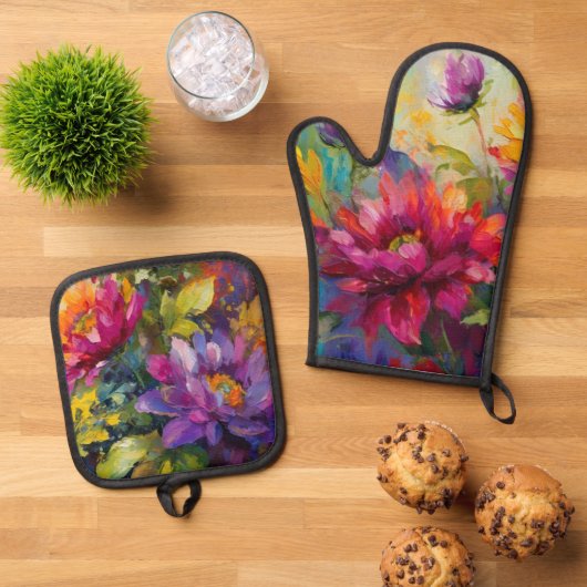 levendig bloemenschilderij ovenwant & pannenlap set (Top down)