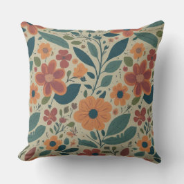 Levendig bloemig sinaasappel blauwgroen retro patr kussen