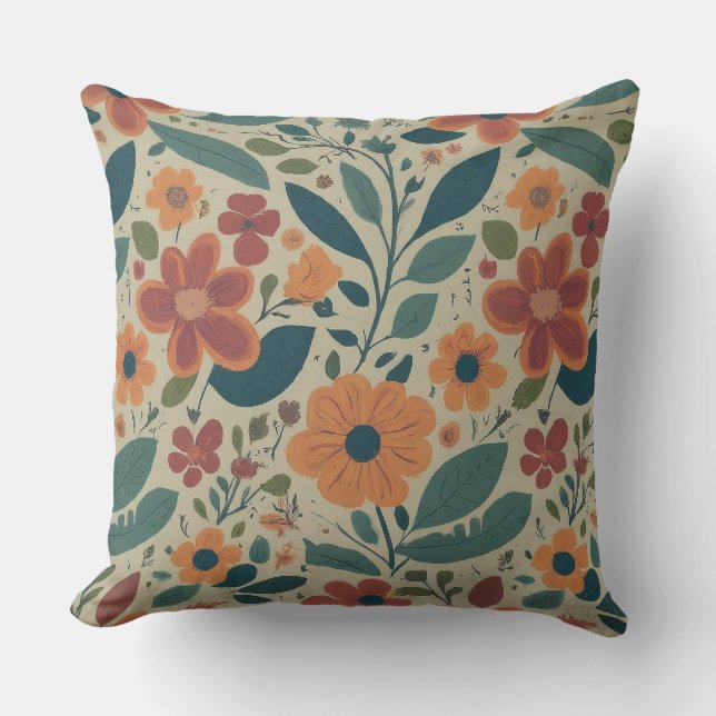 Levendig bloemig sinaasappel blauwgroen retro patr kussen (Voorkant)