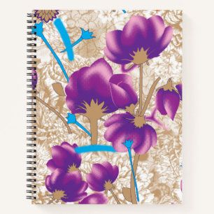 Levendig bloemmotief met paarse en blauwe f notitieboek