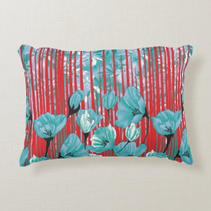 Levendig bloemmotief met turquoise bloemen, rood accent kussen