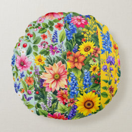 Levendig bloemmotief met zonnebloem en dahlia rond kussen