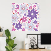 Levendig bloemmotief Paarse roze blauwe bloemen Poster (Thuiskantoor)