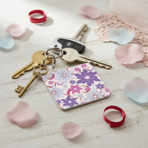 Levendig bloemmotief Paarse roze blauwe bloemen Sleutelhanger