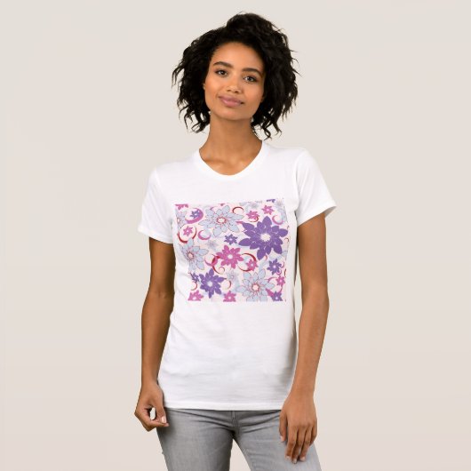 Levendig bloemmotief Paarse roze blauwe bloemen T-shirt (Voorkant volledig)