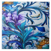 Levendig bloemontwerp met blauwe en Paarse accente Tegeltje (Voorkant)