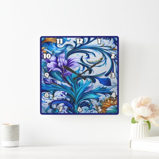 Levendig bloemontwerp met blauwe en Paarse accente Vierkante Klok (Huis)