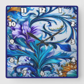 Levendig bloemontwerp met blauwe en Paarse accente Vierkante Klok (Voorkant)