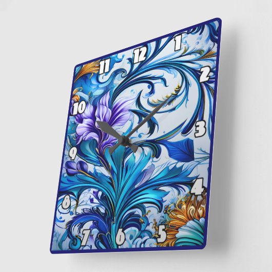 Levendig bloemontwerp met blauwe en Paarse accente Vierkante Klok (Hoek)