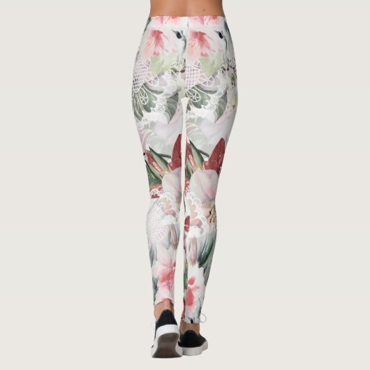 Levendig bloempatroon Bourgogne en schattig kant Leggings (Achterkant)