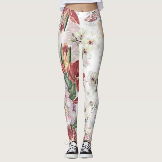 Levendig bloempatroon Bourgogne en schattig kant Leggings (Voorkant)