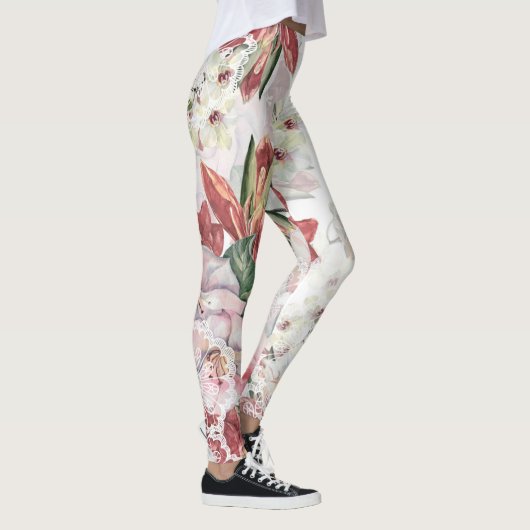 Levendig bloempatroon Bourgogne en schattig kant Leggings (Rechts)