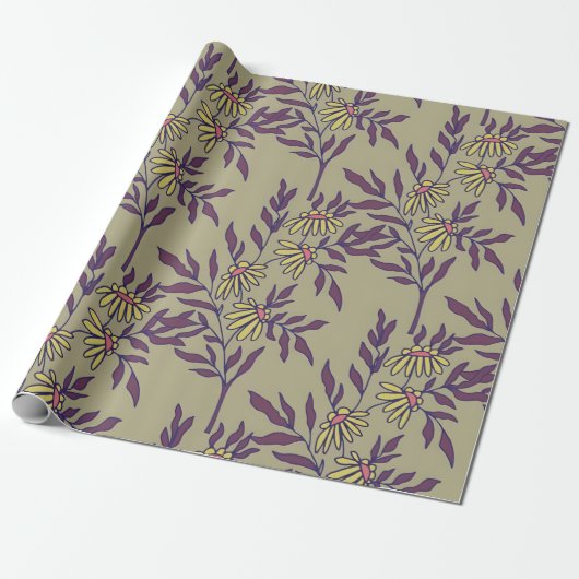 Levendig bloempatroon met gele madeliefjes cadeaupapier (Uitgerold)