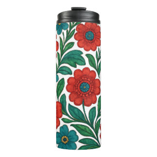Levendig Bloempatroon met Rode en Teal Bloemen Thermosbeker