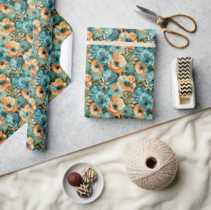 Levendig bloempatroon met vet Blauwgroen, turquois Cadeaupapier
