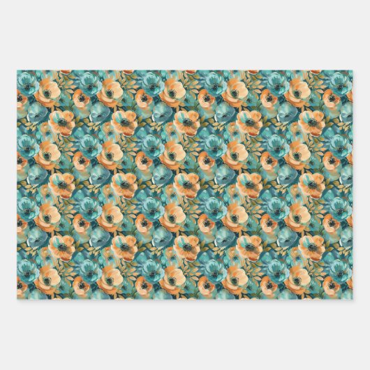 Levendig bloempatroon met vet Blauwgroen, turquois Inpakpapier Vel (Voorkant 3)
