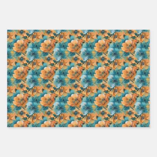 Levendig bloempatroon met vet Blauwgroen, turquois Inpakpapier Vel (Voorkant)