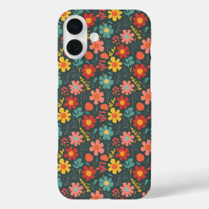 Levendig bloempatroon op Blauwgroen iPhone 16 Plus Hoesje