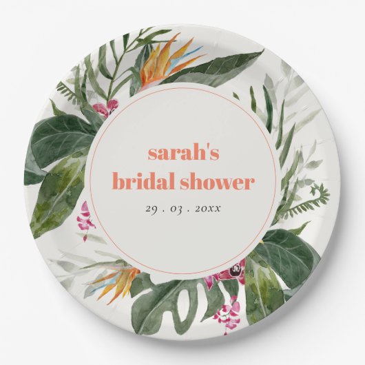 Levendig Blush Boho Tropisch Bloemen Vrijgezellenf Papieren Bordje (Voorkant)