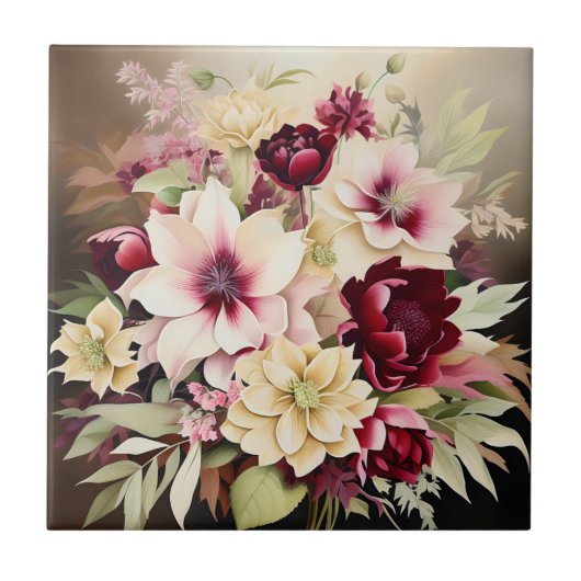 Levendig boeket van Bourgogne en crème bloemen Tegeltje (Voorkant)