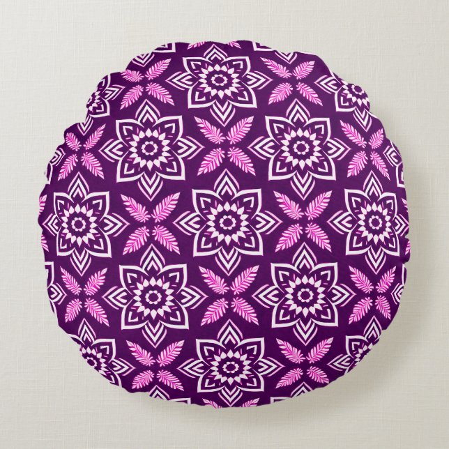 Levendig Boho geometrisch bloemenpatroon Rond Kussen (Voorkant)