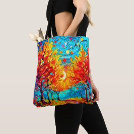 Levendig bospad naar de maan tote bag