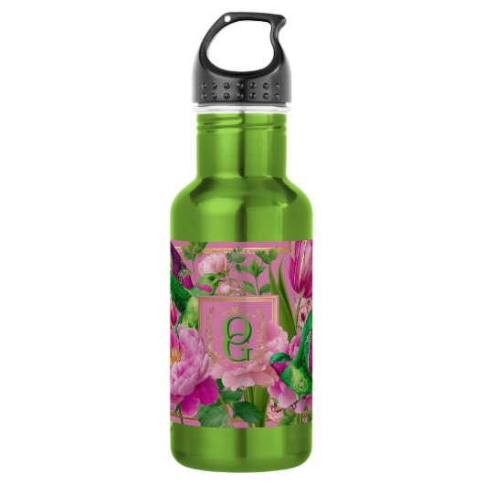 Levendig Botanisch Kolibrie Monogram Waterfles (Voorkant)