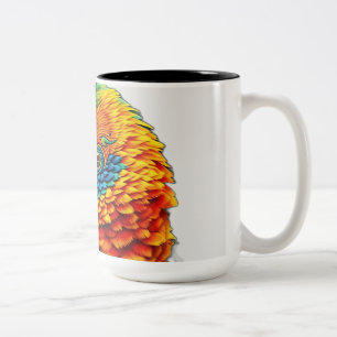Levendig caleidoscopisch papegaaienpatroon tweekleurige koffiemok