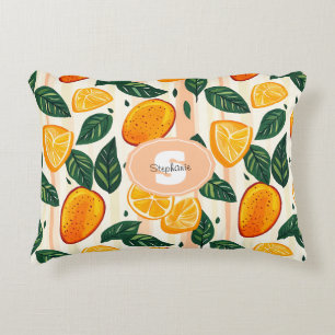 Levendig citrusfruitpatroon met groene bladeren accent kussen