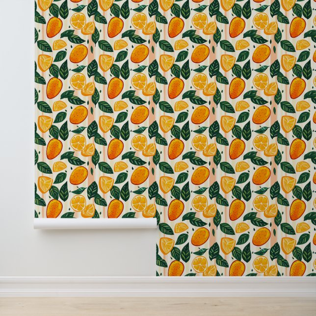 Levendig citrusvruchtenpatroon met groene bladeren behang (Applicatie)