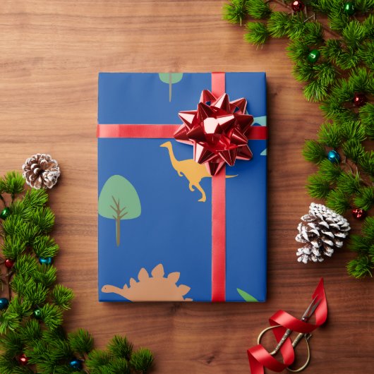 Levendig Dino- en Bomen Inpakpapier op Diepblauw (Feestdagen Geschenken)