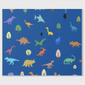 Levendig Dino- en Bomen Inpakpapier op Diepblauw (Vlak)