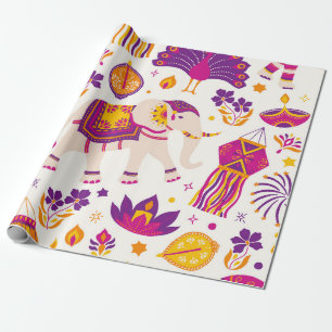Levendig Diwali Olifant en Pauw Feest Cadeaupapier