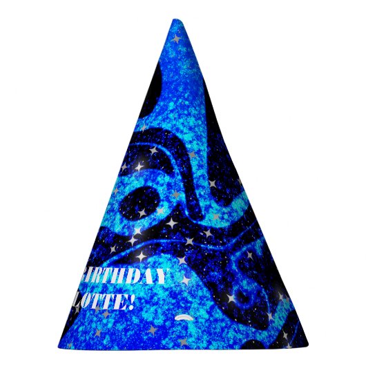 Levendig en kosmisch blauw sprankelend glitter feesthoedjes (Rechts)