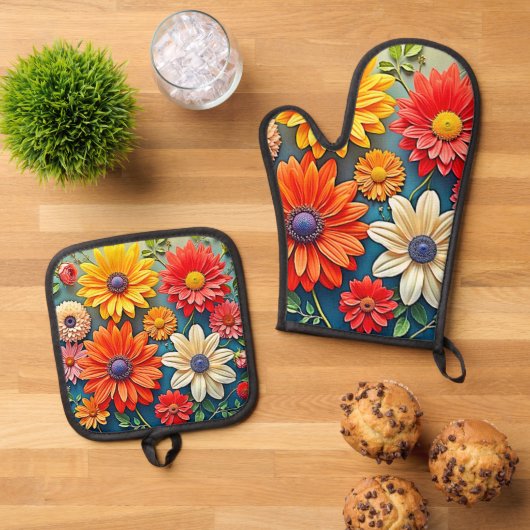 Levendig Floral Fantasy Design Ovenwant & Pannenlap Set (Top down)