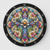 Levendig Floral Glas in lood Cross Grote Klok (Voorkant)