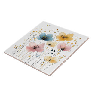 Levendig geel, blauw en roze Waterverf Bloemen Tegeltje