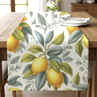 Levendig Geel Citroen en Blauw Aquarel Botanisch Lange Tafelloper