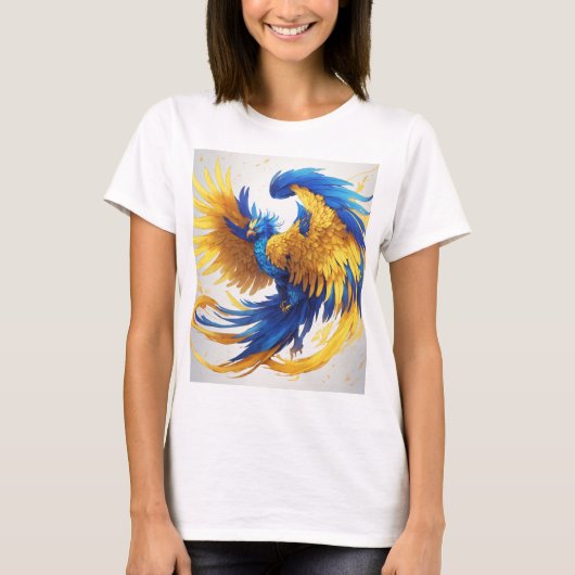 Levendig geel en blauw Phoenix T-shirt - Stand O (Voorkant)