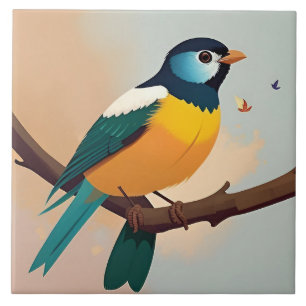 Levendig Geel en Groen Vogeltje op een Tak Tegeltje