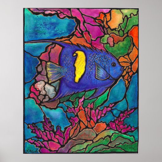 Levendig geelstang Angelfish koraalrif schilderen Poster (Voorkant)