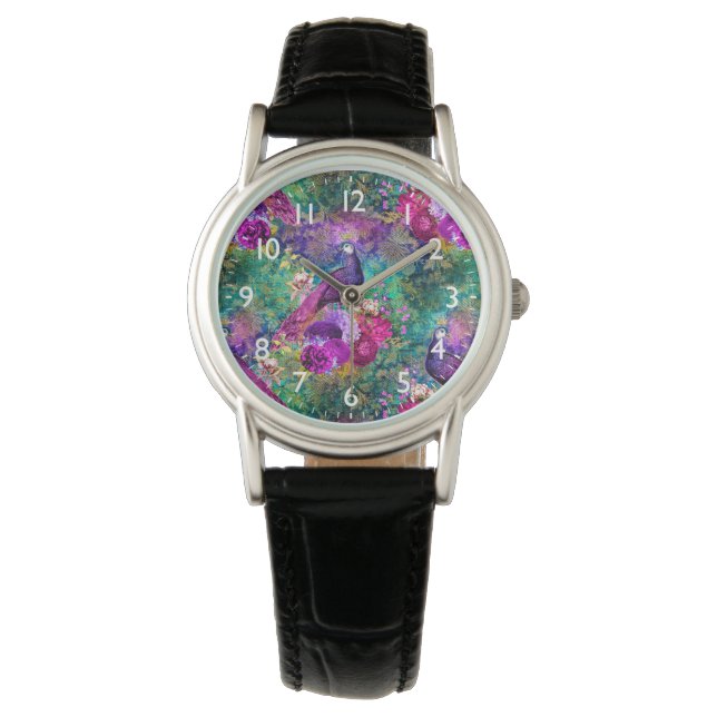 Levendig geïllustreerd pauwpatroon horloge (Voorkant)