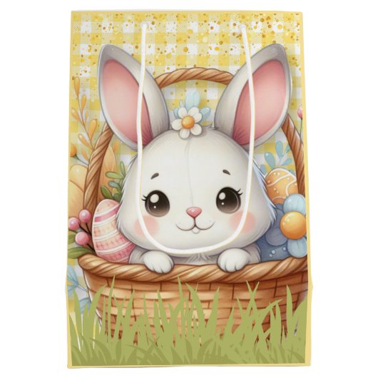 Levendig Gelukkig Pasen op een Gele achtergrond Medium Cadeauzakje (Achterkant)