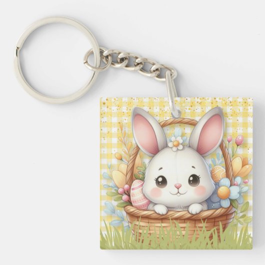 Levendig Gelukkig Pasen op een Gele achtergrond Sleutelhanger (voorkant)