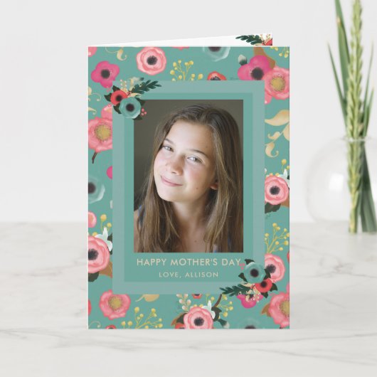 Levendig | Gelukkige Moederdag Teal Bloemen en Fot Kaart (Voorkant)