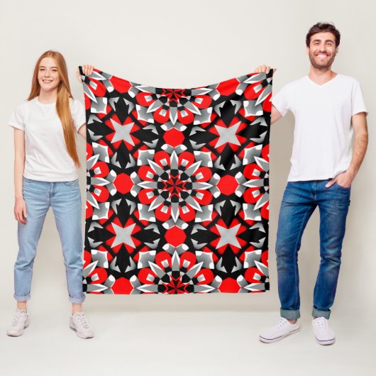 Levendig geometrisch mandala-ontwerp met rood, zwa fleece deken (In situ)